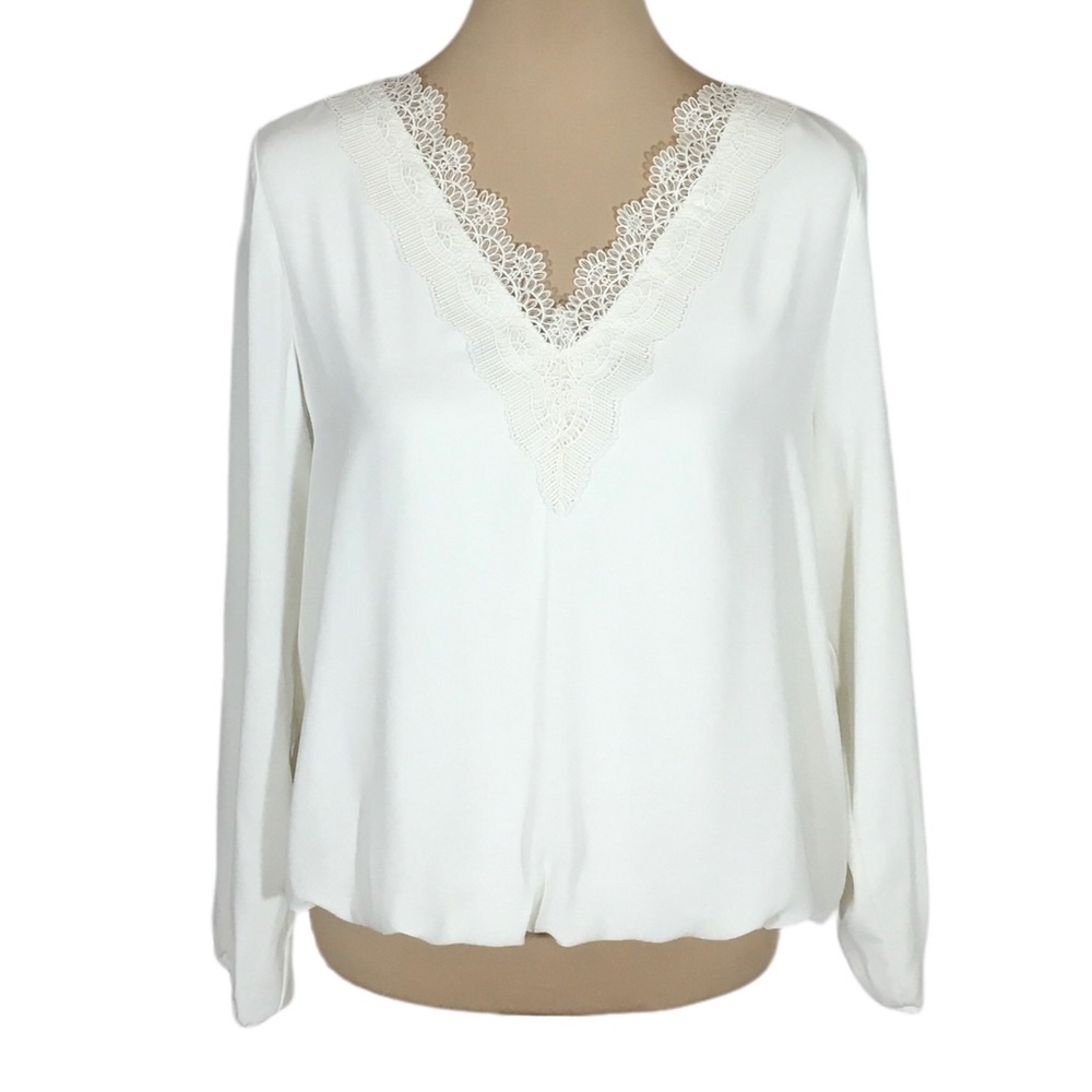 Alfani | Off White Cream V-neck Lace Collar Popover Blouse, Petite Large